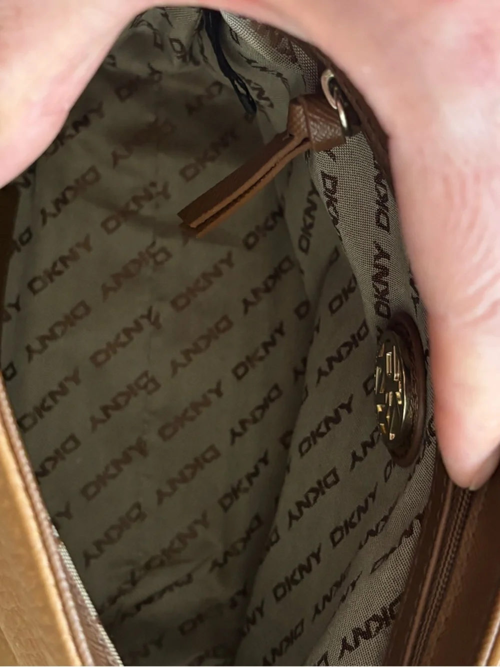 DKNY Tan Pebbled Leather Crossbody with Chain-Detail Strap - Picture 6 of 10